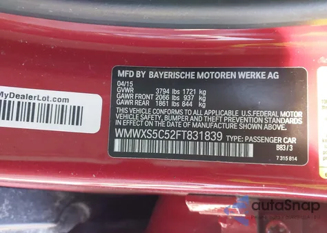 2015 Mini Hardtop Cooper z USA, uszkodzony, nr VIN WMWXS5C52FT831839